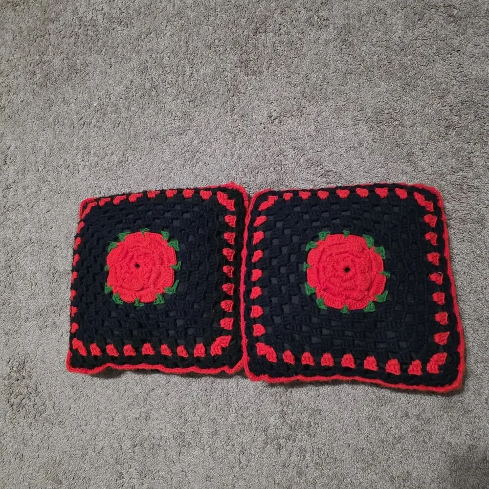 Handmade Crocheted Granny Square 3D Rose Floral Afghan Blanket 57”X38” & Pillow